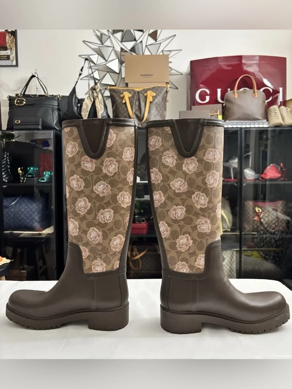 Coach Signature Rubber Rain Boots Tan Dark Brown Floral Pink Size 7B Worn Once.